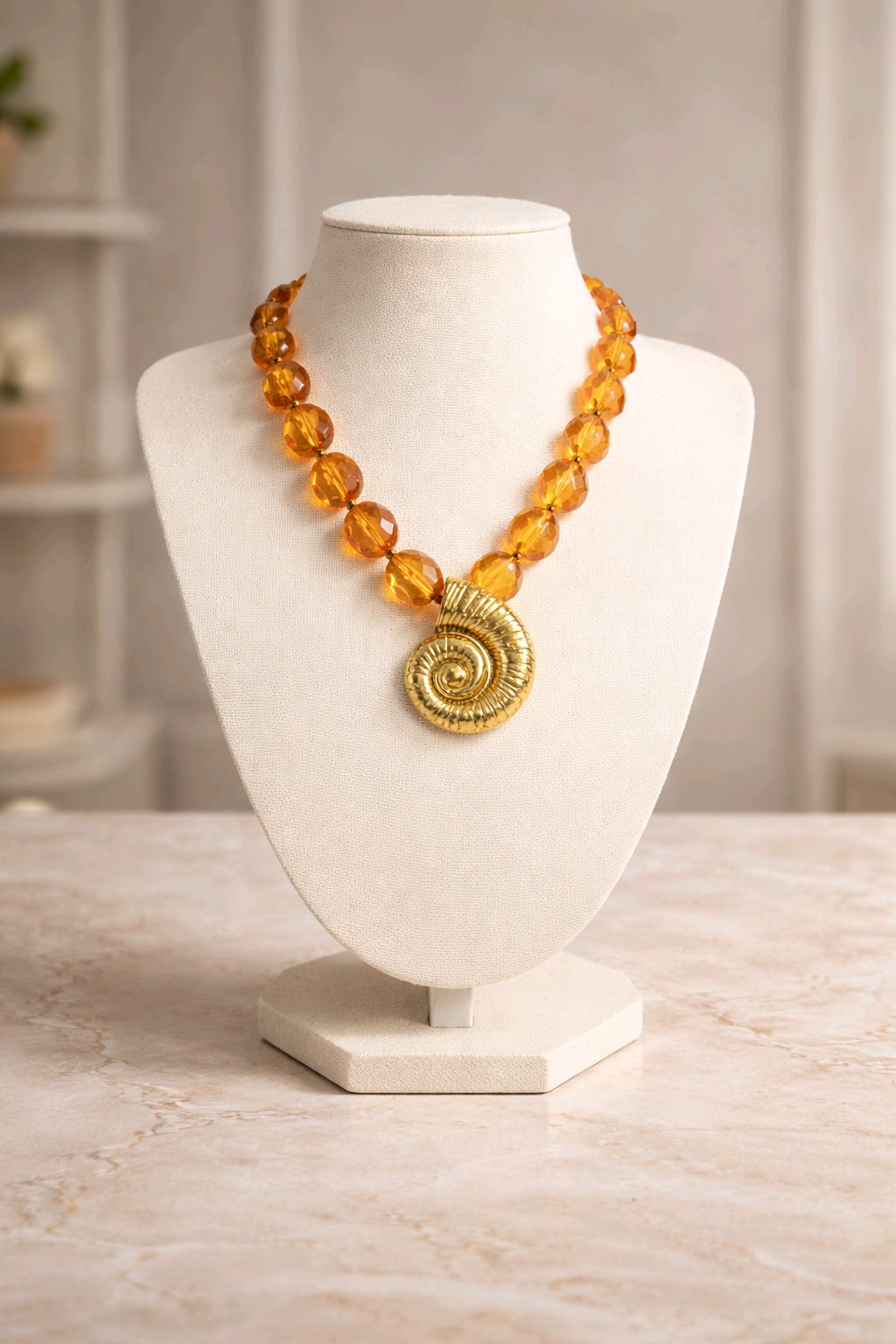 Collar Cuencas Ovales Cristal Color Ámbar Dije Caracol Dorado