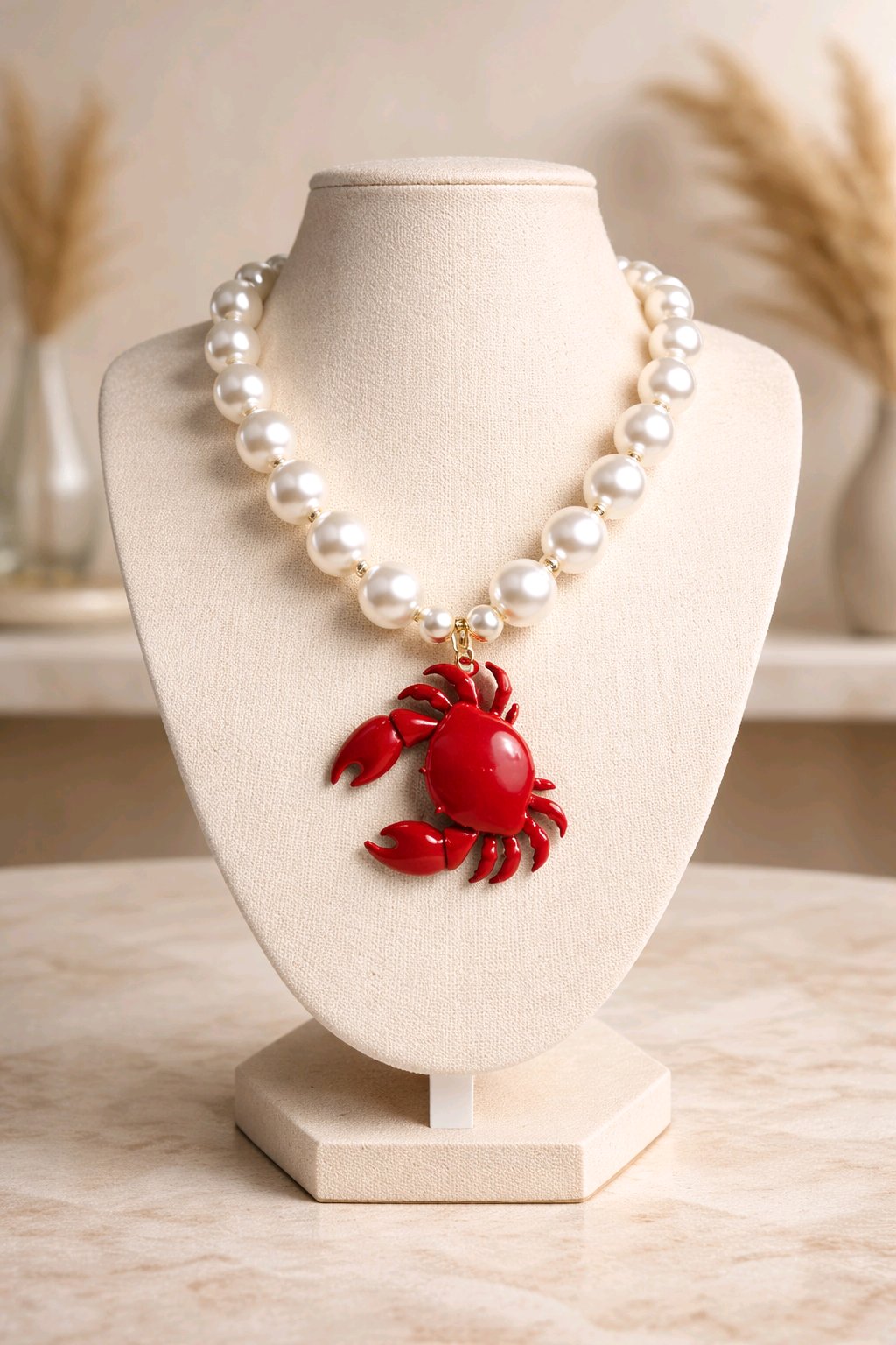 Collar Cuencas Perlas Blancas Dije Cangrejo Rojo