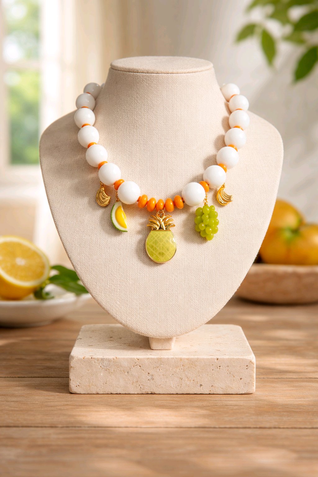 Collar Cuencas Blancas Dijes Varios Piña Amarilla