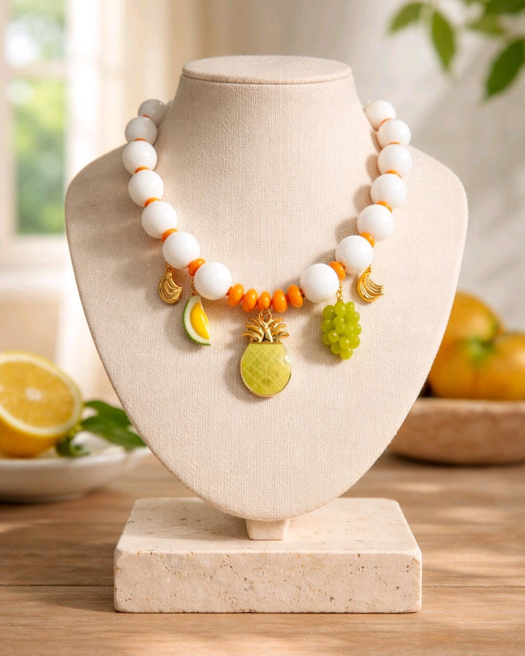 Collar Cuencas Blancas Dijes Varios Piña Amarilla