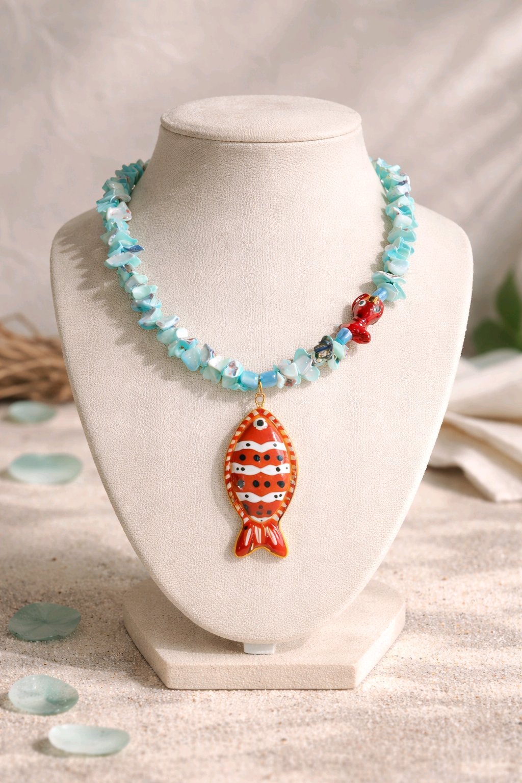 Collar Lajas Turquesa Dije Langosta Roja y Pez Rojo