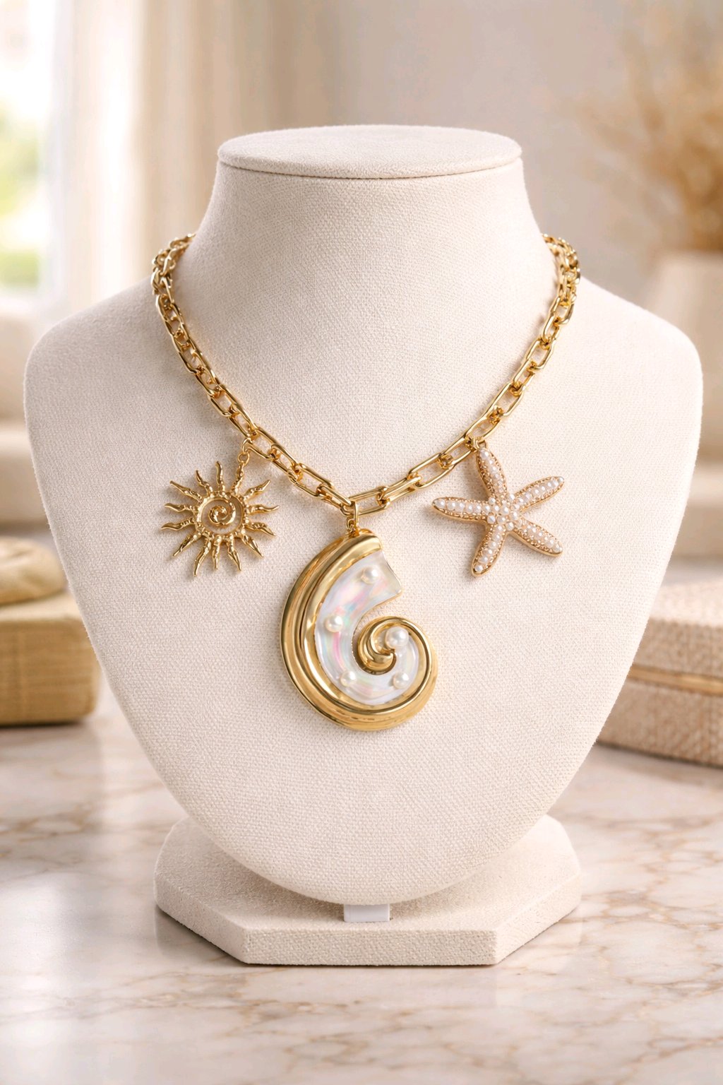 Collar Cadena Tipo Tifany Dorada Dijes Varios Caracol Rosado Dorado