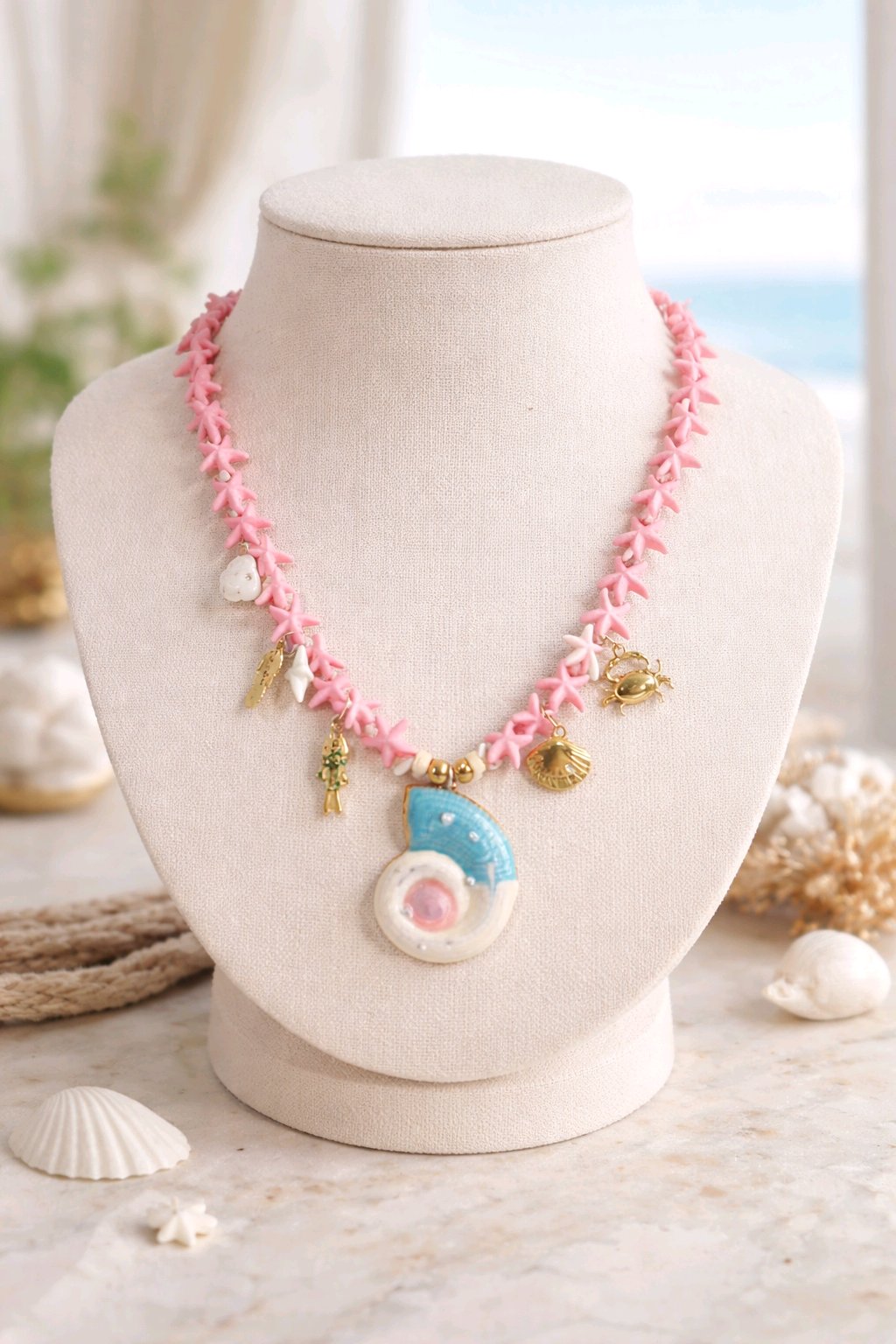 Collar de Estrella Rosadas Dijes Varios Caracol Rosado y Azul