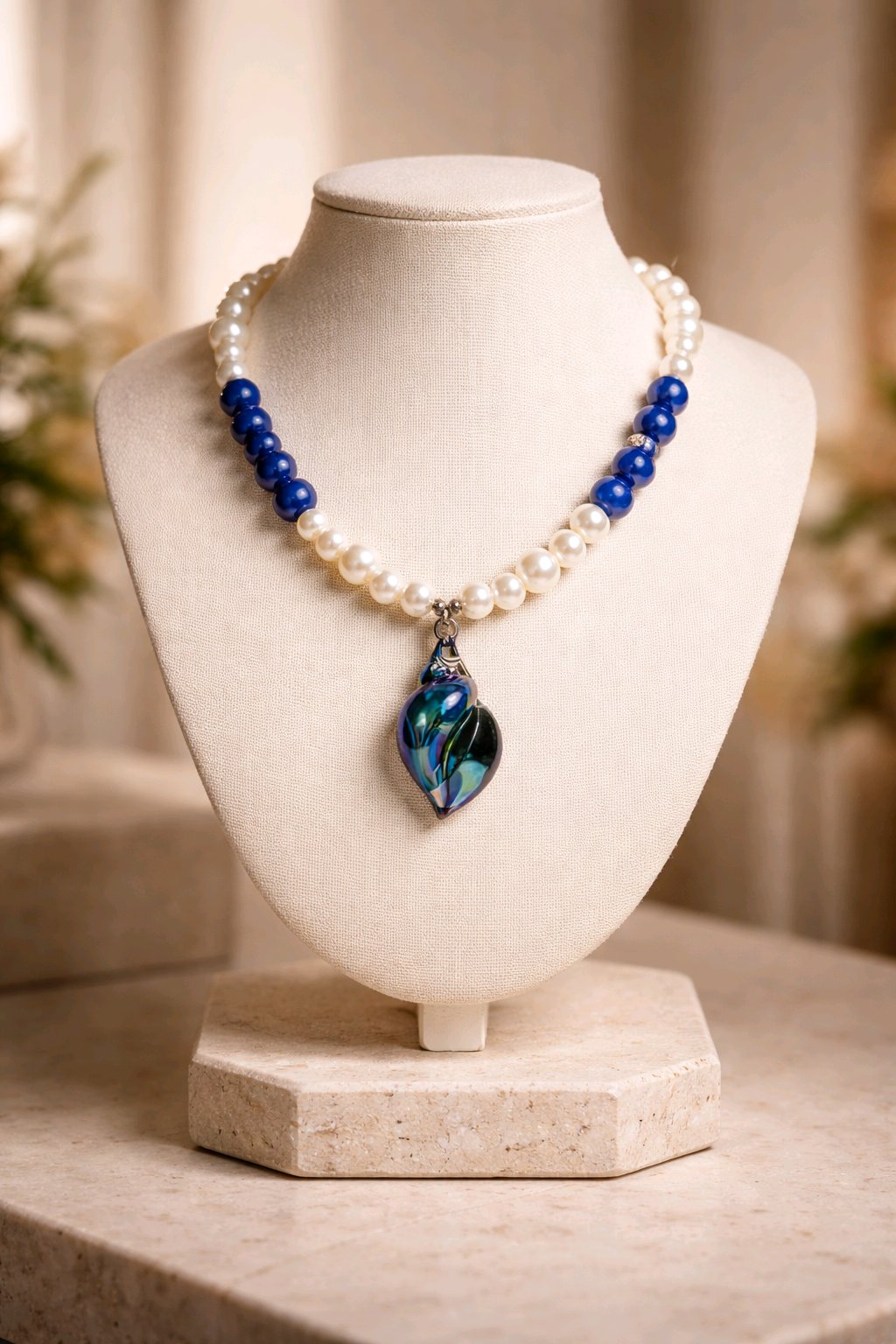 Collar Cuencas Blancas y Azules Dije Caracol Tornasol