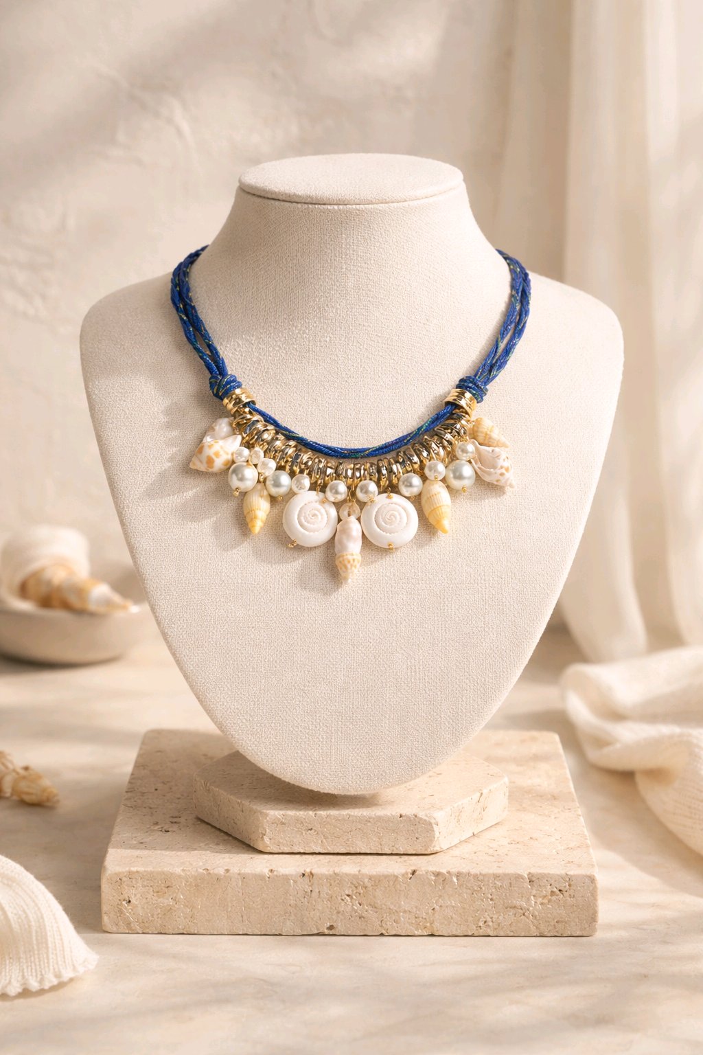 Collar Cordón Azul Dijes Varios Caracoles Blancos