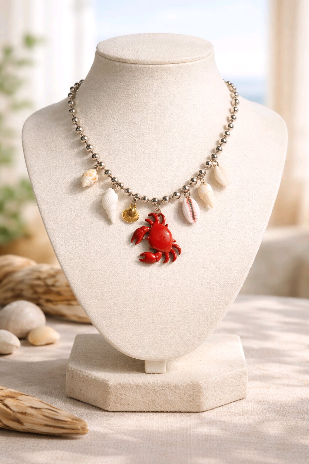 Collar Balín Plateado 6mm Dijes Marinos Varios Cangrejo Rojo