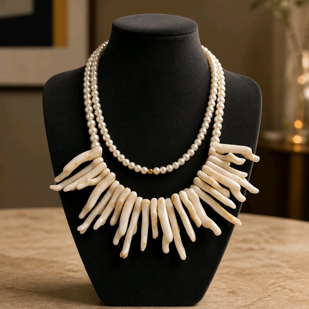 Collar Doble Cristal Perla y Corales Color Hueso | Joyería Mágica