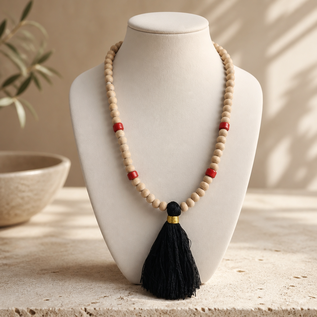 Collar Cuencas Madera y Dije Borla Negra