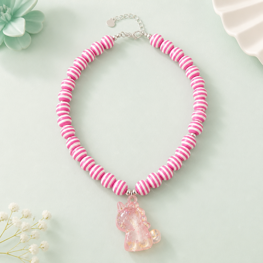 Collar Cuencas Rosadas Rayas Dije Dinosaurio Rosa