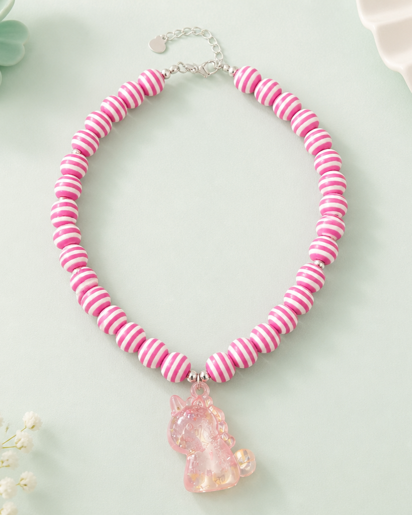 Collar Cuencas Rosadas Rayas Dije Dinosaurio Rosa
