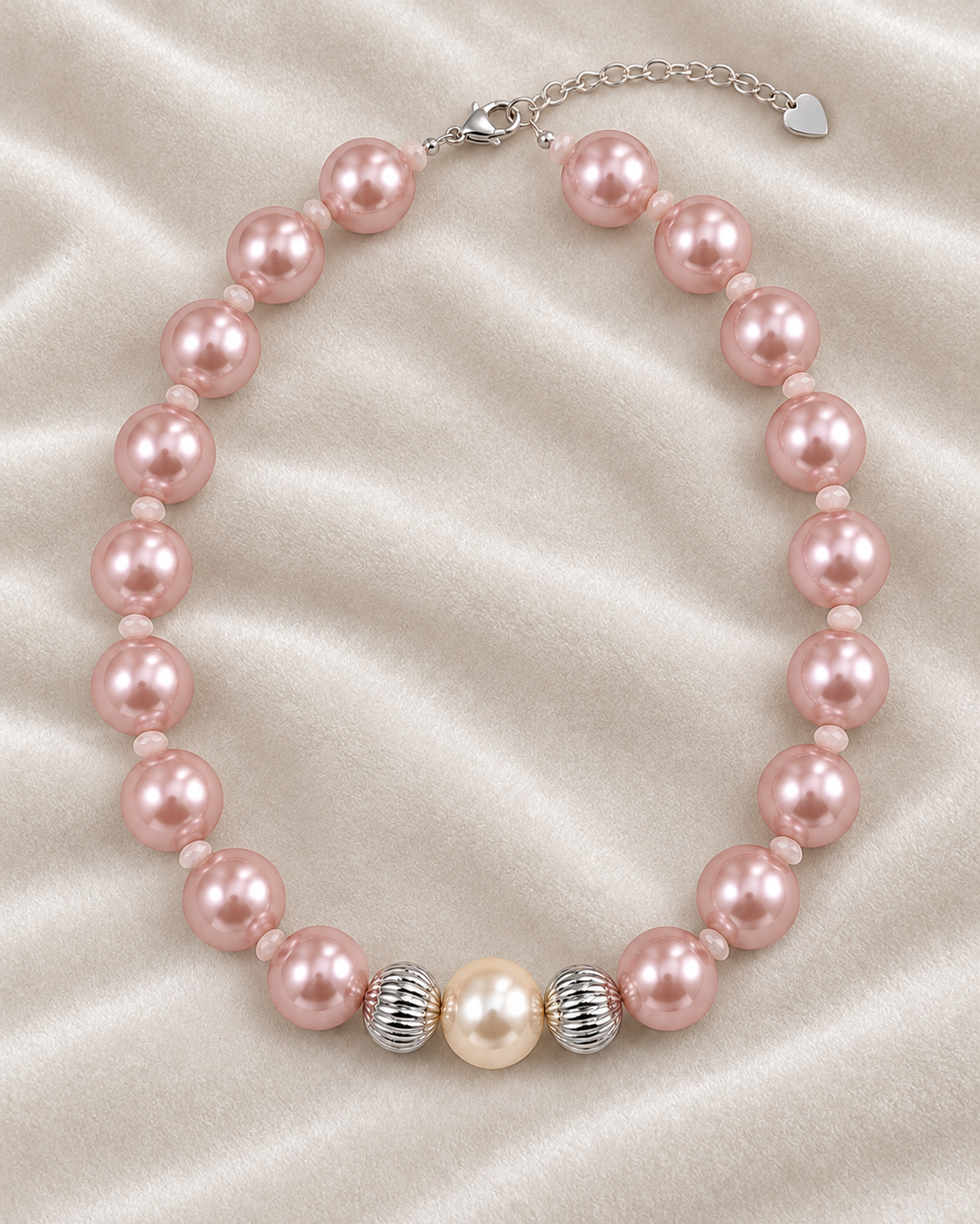 Collar Cuencas Rosas, Plateadas y Perla