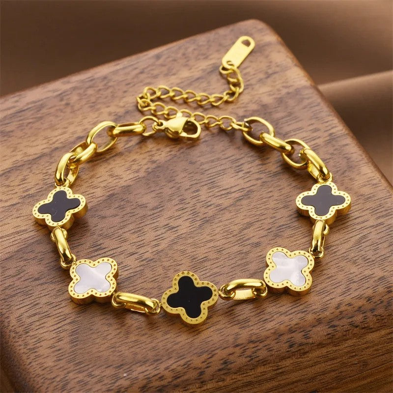 Pulsera Oro Rosa Trébol Cuatro Hojas Negro