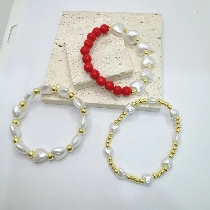 Pulsera Elástica Bicolor Perlas Imitación Cuencas Rojas Resina