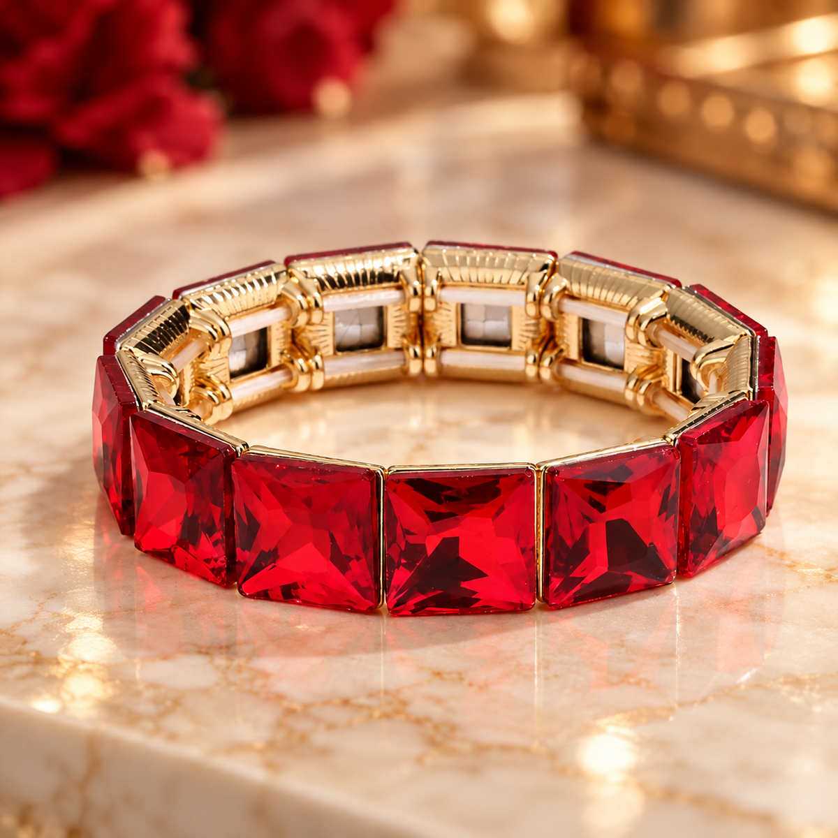 Pulsera Retro Cristal Cuadros Rojos