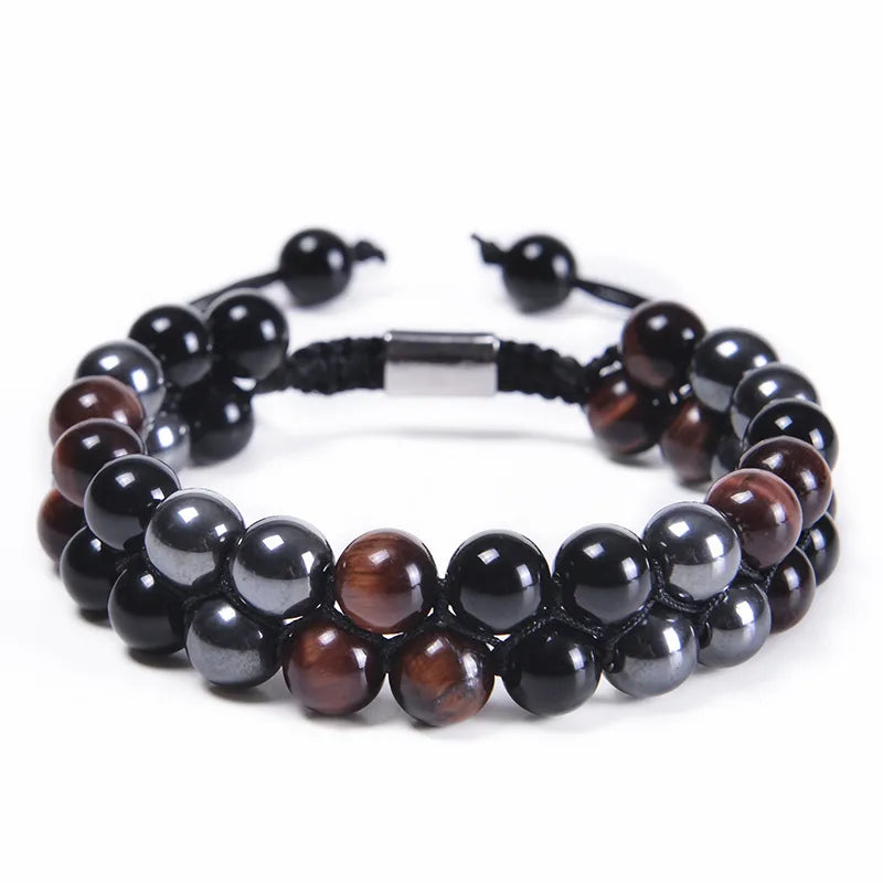 Pulsera Doble Ojo de Tigre Rojo y Hematita