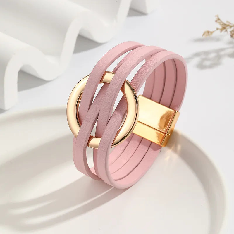 Pulsera Piel Rosa Ronda Circular Dorada