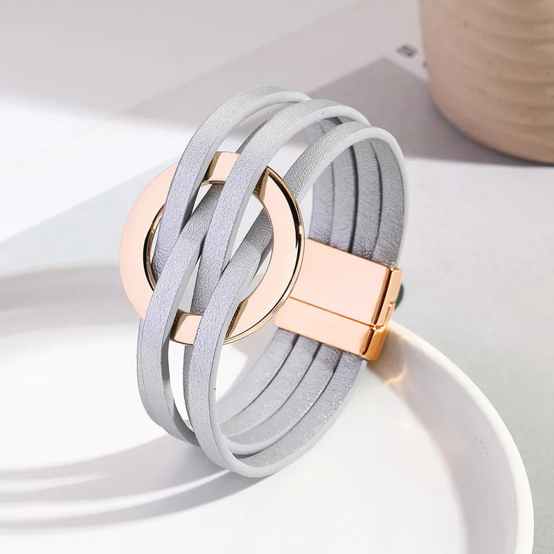 Pulsera Piel Gris Plata Ronda Circular Dorada
