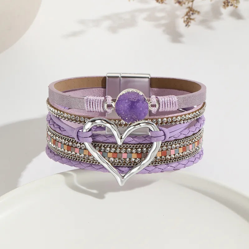 Pulsera Piel Púrpura, Corazón Dorado, Circón