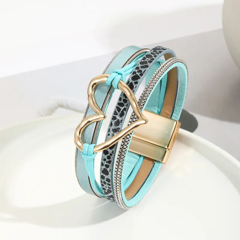Pulsera Piel Azul Turquesa y Animal Print, Corazón Dorado