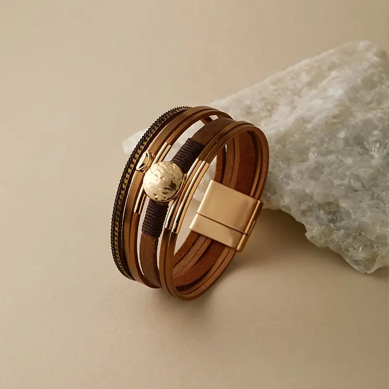 Pulsera Piel Marrón Ronda Circular Dorada