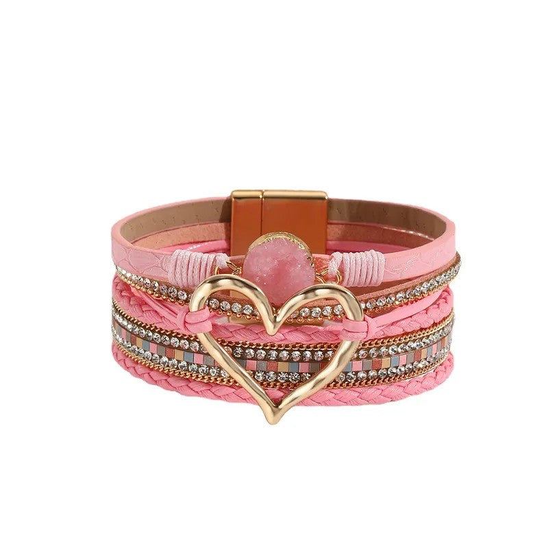 Pulsera Piel Sintética Rosa Corazón