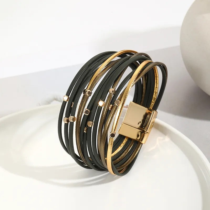 Pulsera Piel Sintética Verde Oscuro y Dorado