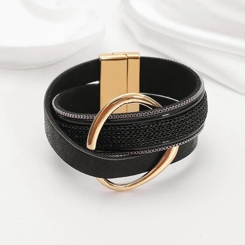 Pulsera Piel Sintética Negra Aro Dorado