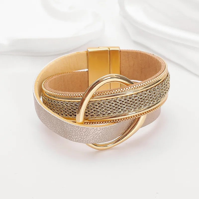 Pulsera Piel Sintética Beige Aro Dorado