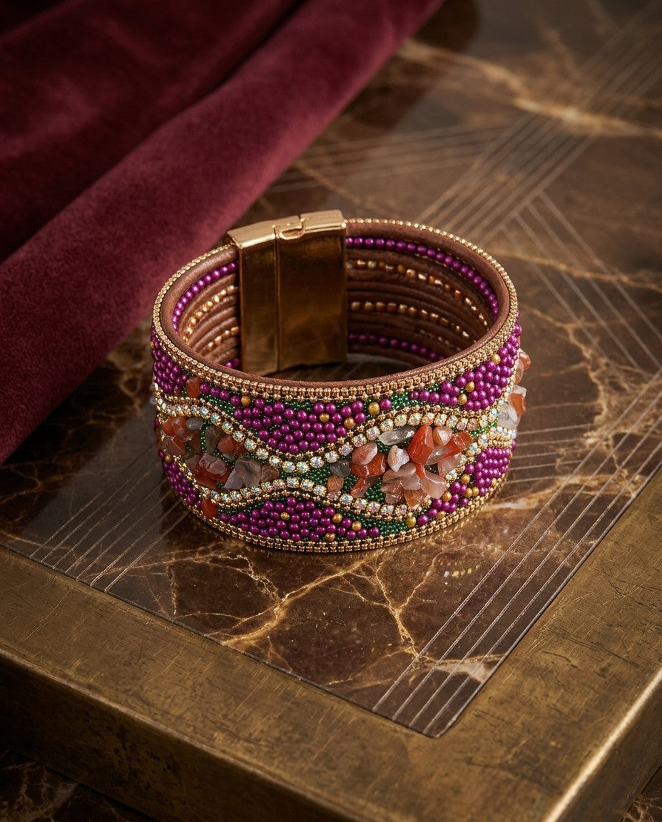 Pulsera Piel Sintética Chaquiras y Piedras Púrpura