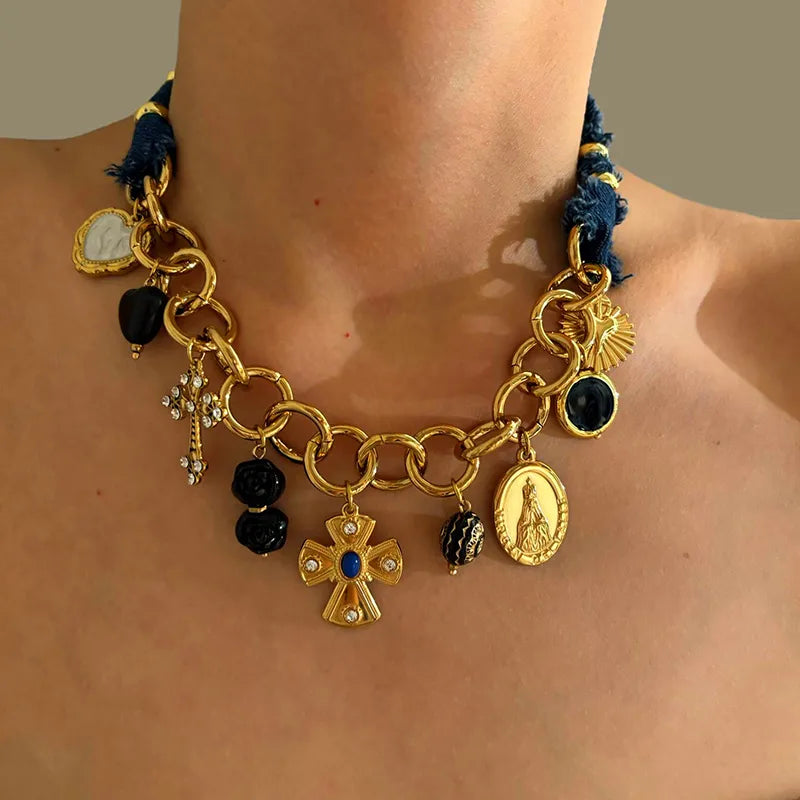 Collar Mezclilla Dijes Varios Cruz
