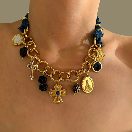 Collar Mezclilla Dijes Varios Cruz