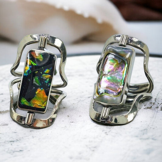 Anillo Rectangulo Doble Vista Abulón y Ópalo Sintético Ajustable