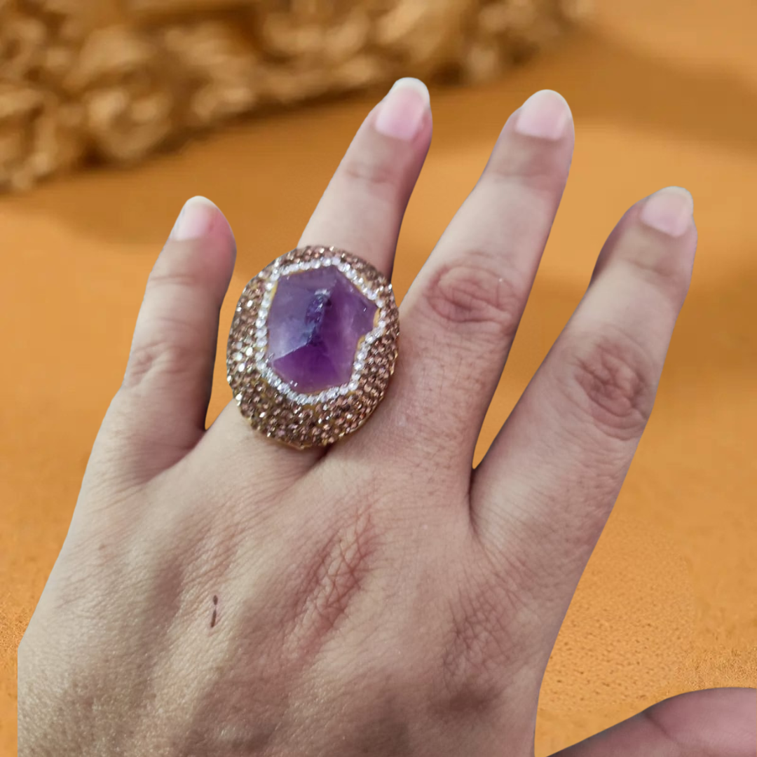 Anillo Dorado Ronda Piedra Amatista y Circón