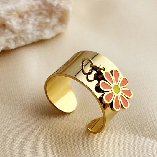Anillo Dorado Dije Flor - Ajustable