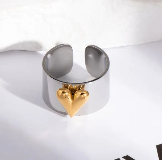 Anillo Plateado Dije Corazón Dorado - Ajustable
