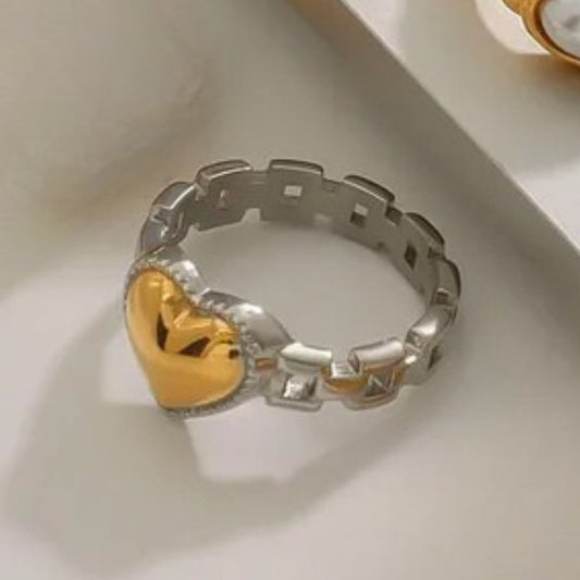 Anillo Plateado Eslabones Dije Corazón Dorado - Ajustable