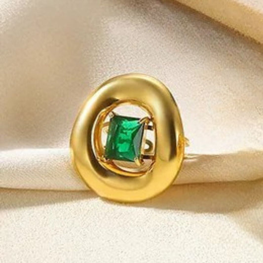 Anillo Dorado Dona Ronda Cristal Verde - Ajustable