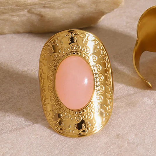 Anillo Dorado Ronda Cuarzo Rosa - Ajustable