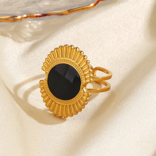 Anillo Dorado Ronda Resina Negra - Ajustable