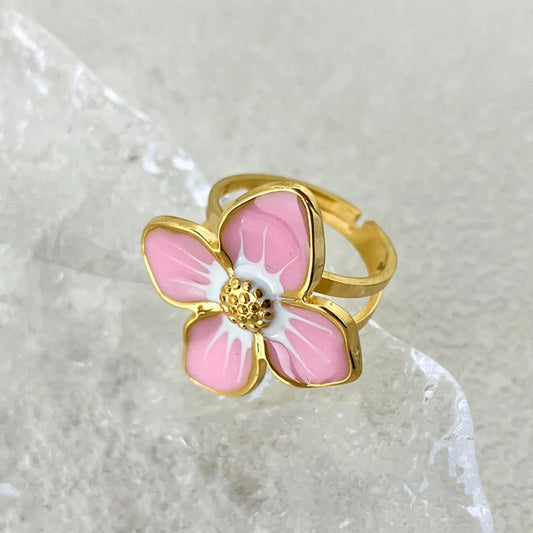 Anillo Dorado Flor Rosada Esmaltada - Ajustable