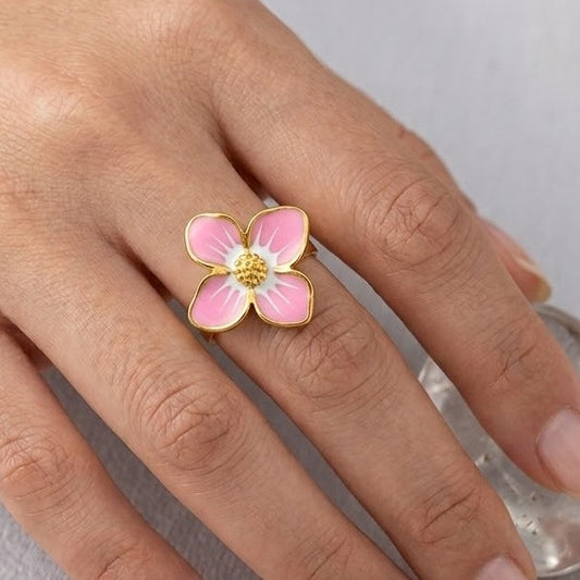 Anillo Dorado Flor Rosada Esmaltada - Ajustable
