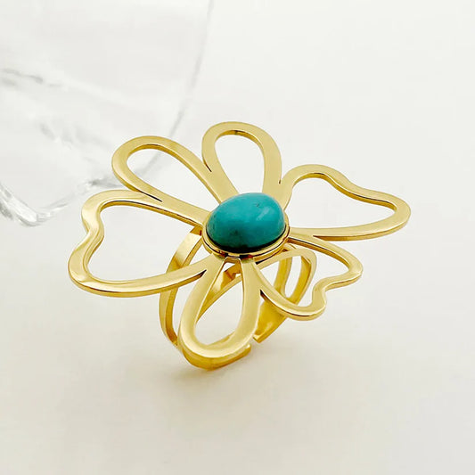 Anillo Dorado Flor y Cuenca Turquesa