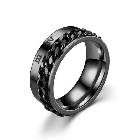 Anillo Color Negro Cadena y Números Romanos - Talla 10, 11