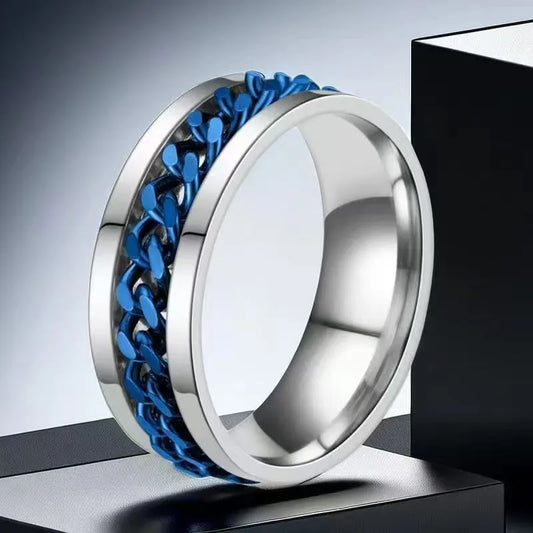 Anillo Color Acero con Cadena Central en Azul - Talla T10 11 12 13