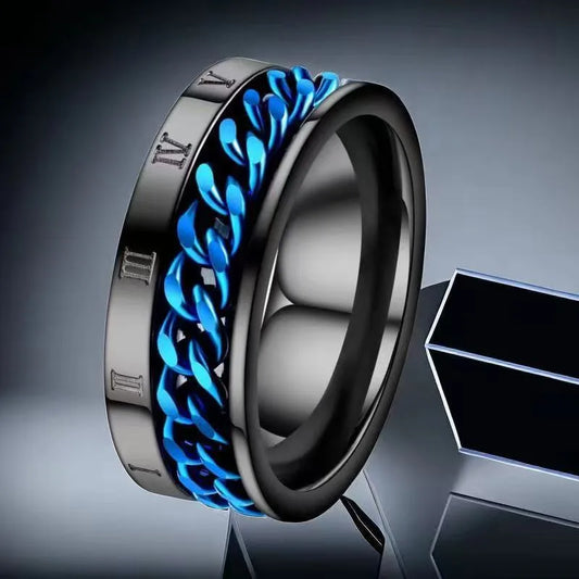 Anillo Color Negro Números Romanos y Cadena Azul - Talla T09 10 11 13