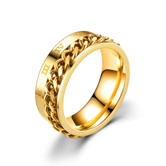 Anillo Color Dorado Número Romanos y Cadena - Talla 07