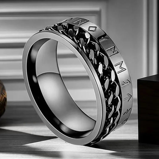Anillo Color Acero Grecas Antiguas y Cadena - Talla T8 09 11