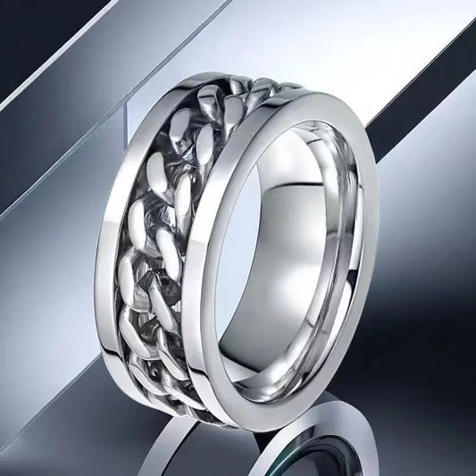 Anillo Color Acero con Cadena Central - Talla T8 09 12 13