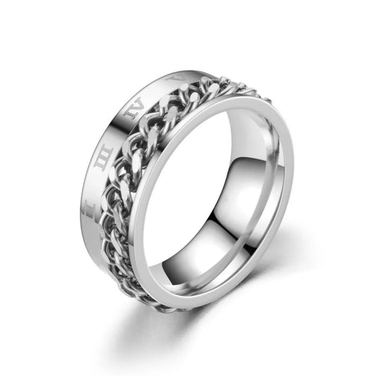 Anillo Color Acero Número Romanos y Cadena - Talla  T8 10