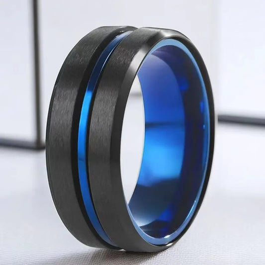Anillo Color Negro con Franja Azul - Talla T11
